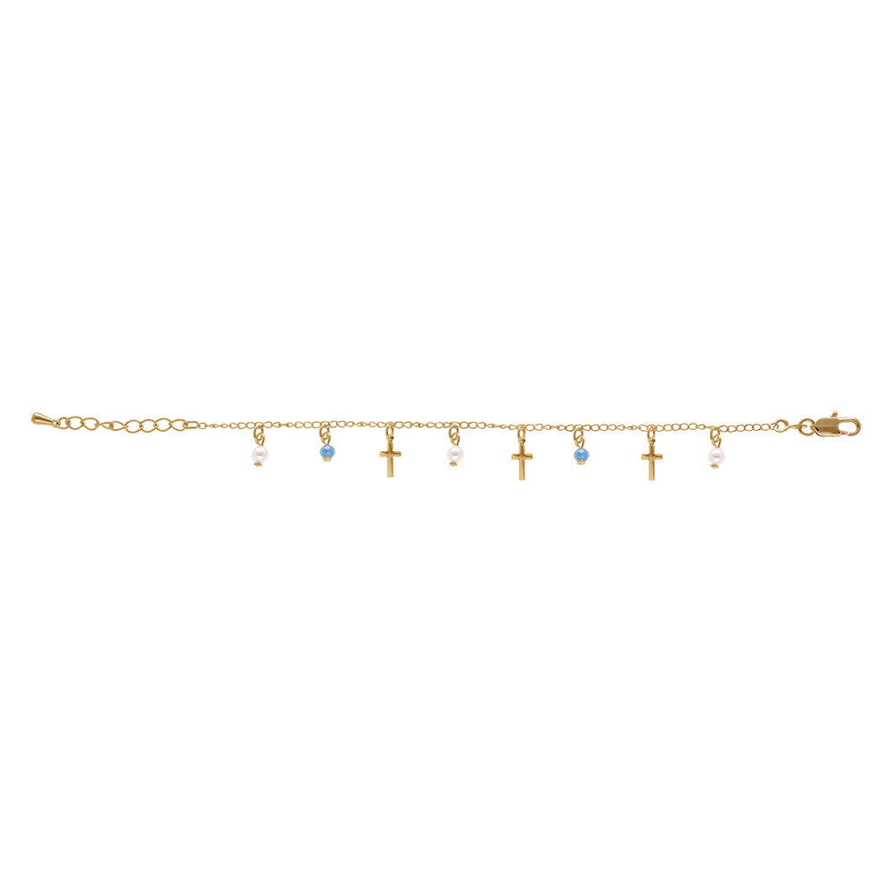 Bracelet en plaqu� or pampilles croix et perles blanche et bleu 16+3cm - Vue 2