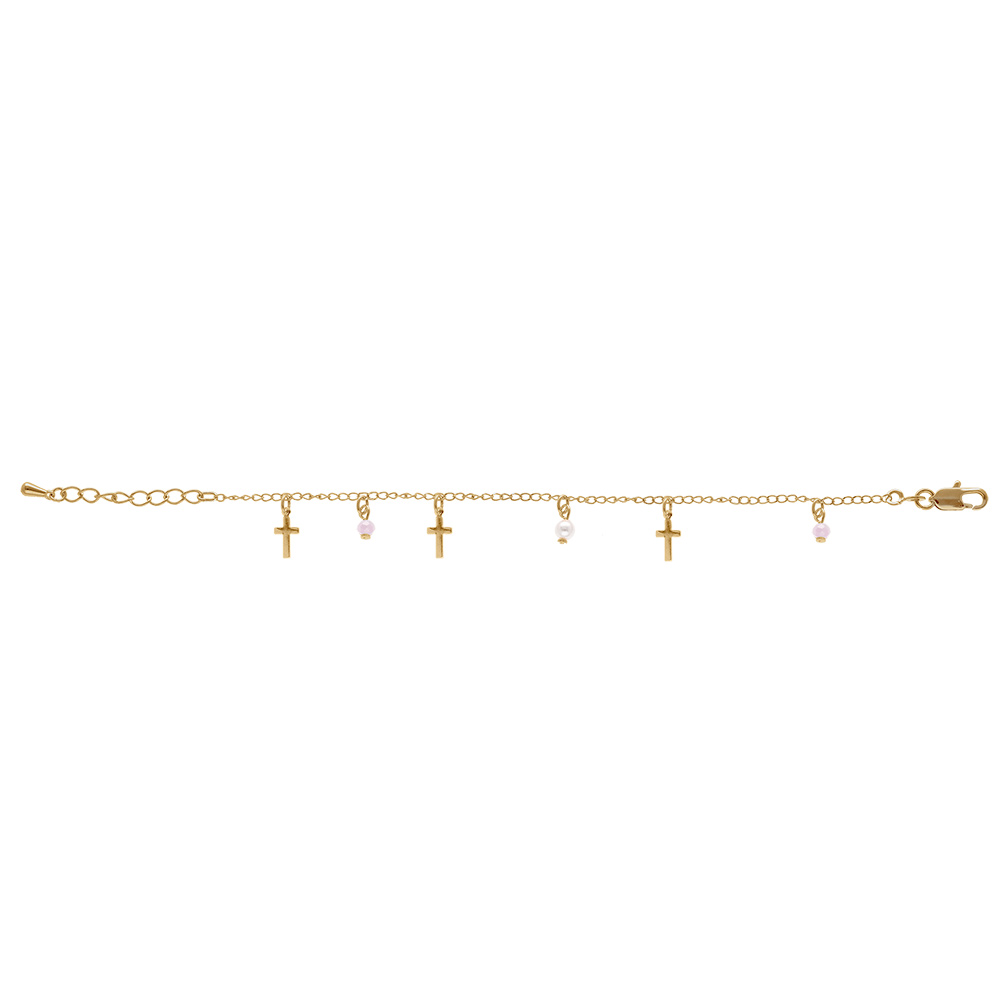Bracelet en plaqu� or pampilles croix et perles blanche et transparente 16+3cm - Vue 2