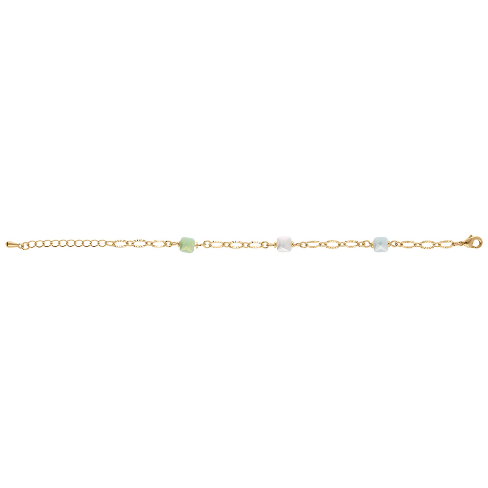 Bracelet en plaqu� or trois pierres carr�es bleue  blanche  verte - 16+3cm - Vue 2
