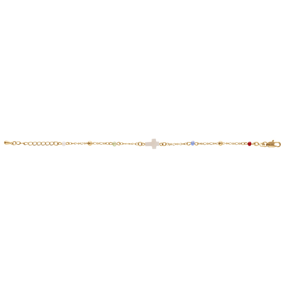 Bracelet en plaqu� or boules facet�es multi couleur et lisse avec croix blanche -16+3cm - Vue 2