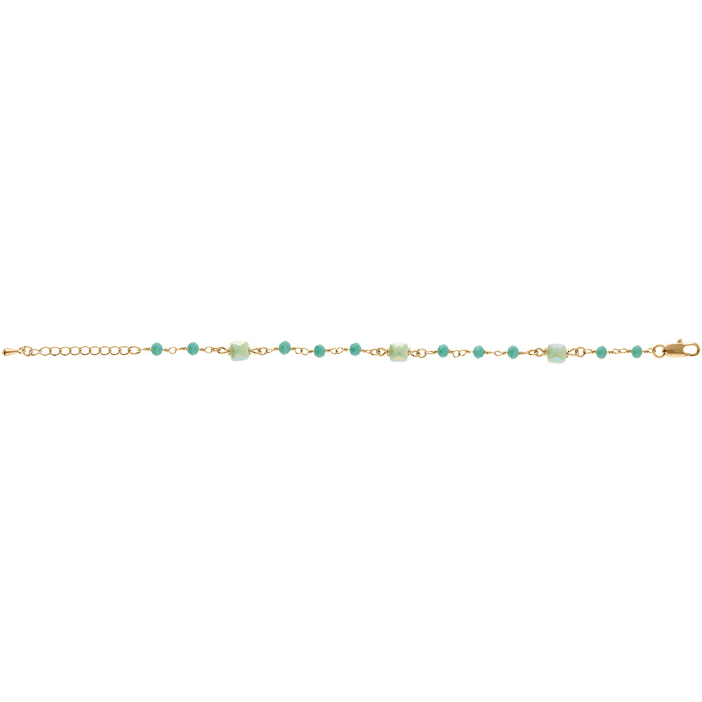Bracelet en plaqu� or boules et carr� verts perle de verre - 16+3cm - Vue 2