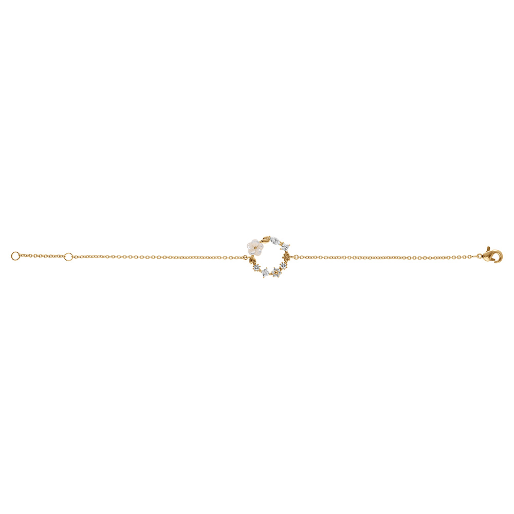 Bracelet en plaqu� or fleur  d\'oxydes blancs et sa fleur de nacre blanche -16+2cm - Vue 2