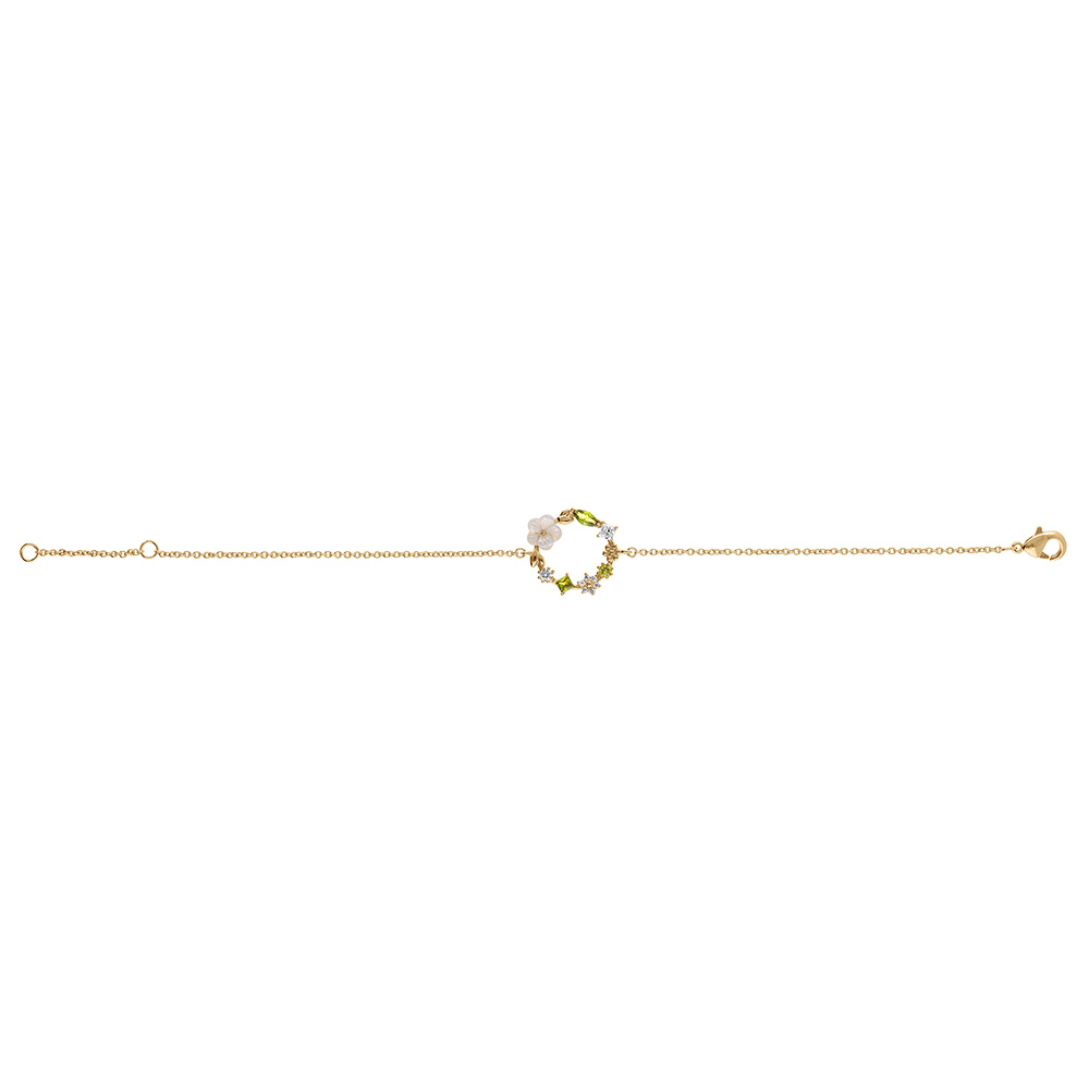 Bracelet en plaqu� or fleur d\'oxydes blancs et vert olive et sa fleur de nacre blanche -16+2cm - Vue 2