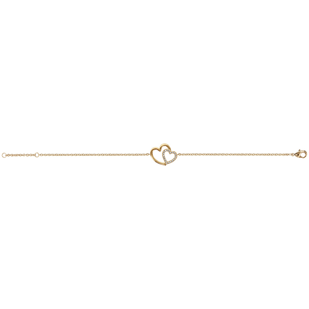 Bracelet en plaqu� or cha�ne avec au milieu 2 coeurs crois�s, 1 lisse et l\'autre orn� d\'oxydes blancs sertis - longueur 16cm + 2cm de rallonge - Vue 2