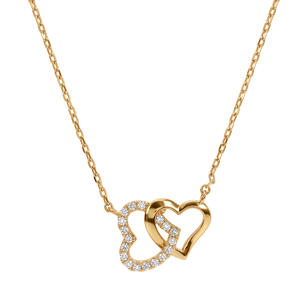 Collier en plaqu� or cha�ne avec pendentif double coeur entrelac� oxydes blancs sertis 42+3cm - Vue 2