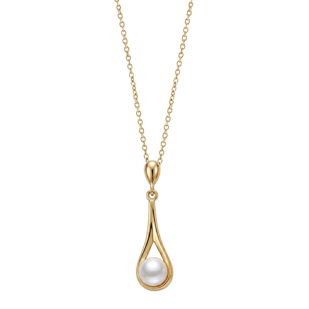 Collier en plaqu� or cha�ne avec pendentif goutte avec perle blanche d\'eau douce - longueur 40+4cm - Vue 2