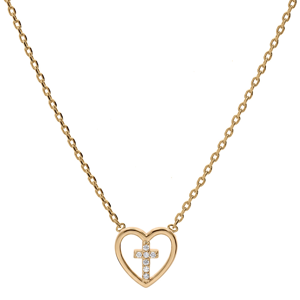 Collier en plaqu� or cha�ne avec pendentif coeur avec croix oxydes blancs sertis 38+4cm - Vue 2