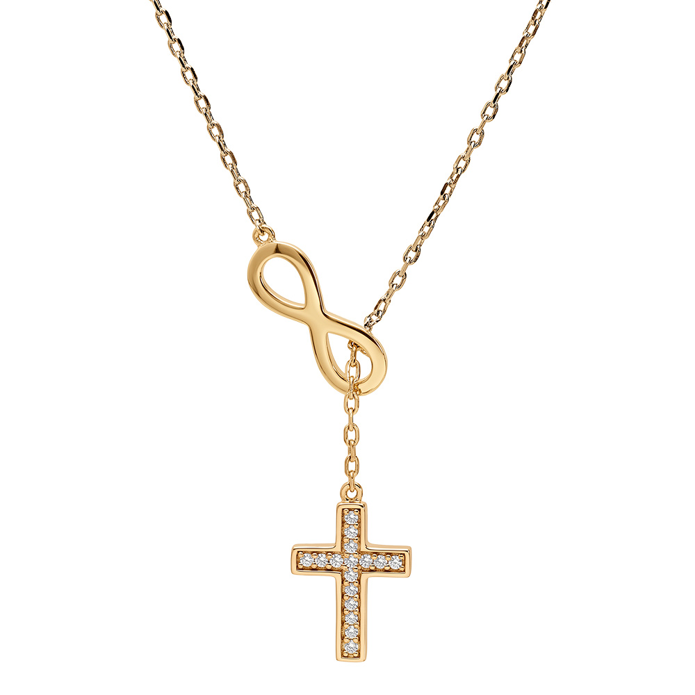 Collier en plaqu� or cha�ne avec symbole infini et 1 croix pav�e d\'oxydes blancs sertis 41+3cm - Vue 2