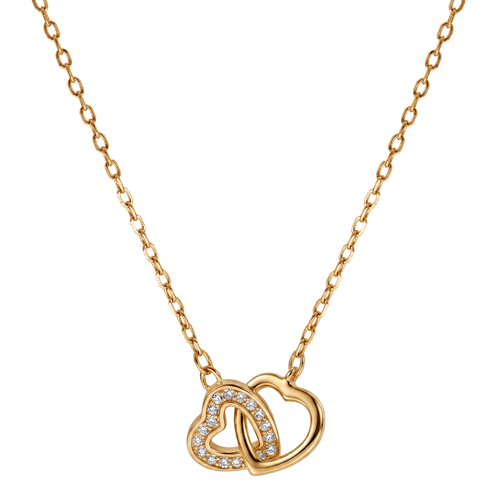 Collier en plaqu� or cha�ne avec 2 coeurs entrelac�s 1 lisse et 1 avec oxydes blancs sertis 40+5cm - Vue 2