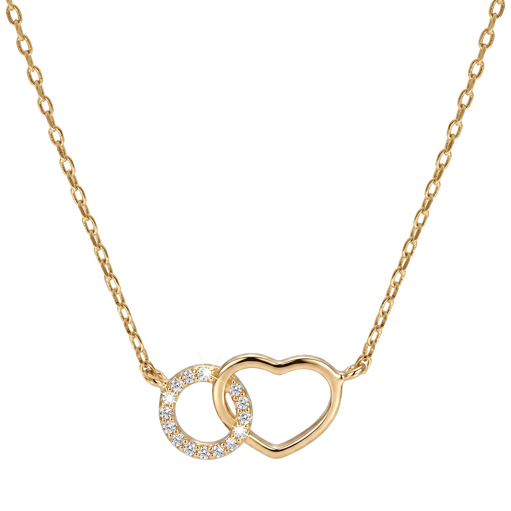Collier en plaqu� or cha�ne avec cercle pav� d\'oxydes blancs sertis entrelac� avec coeur lisse 40+5cm - Vue 2