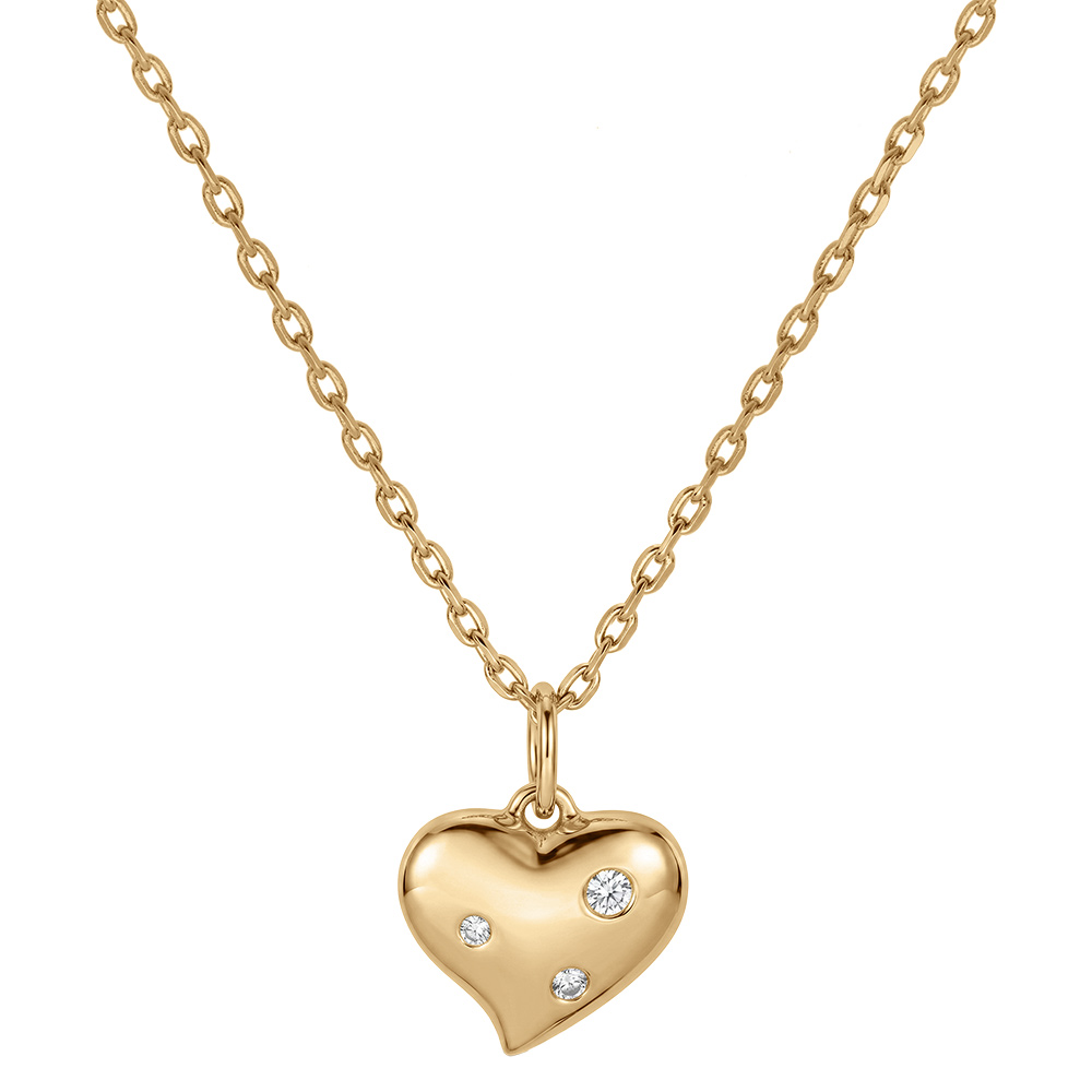 Collier en plaqu� or cha�ne avec pendentif coeur et 3 oxydes blancs sertis 42+3cm - Vue 2