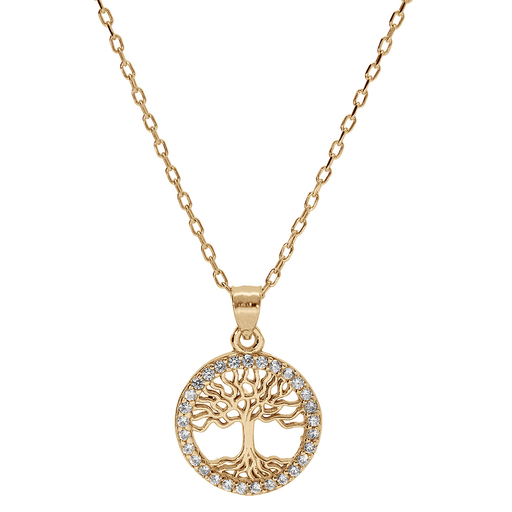 Collier en plaqu� or pendentif arbre de vie contour oxydes blancs sertis 40+5cm - Vue 2