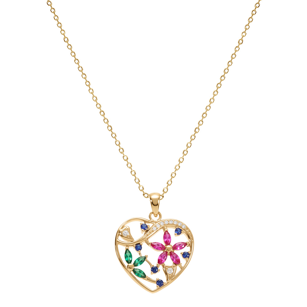 Collier en plaqu� or pendentif coeur avec fleurs oxydes multi couleurs 4 0+5cm - Vue 2
