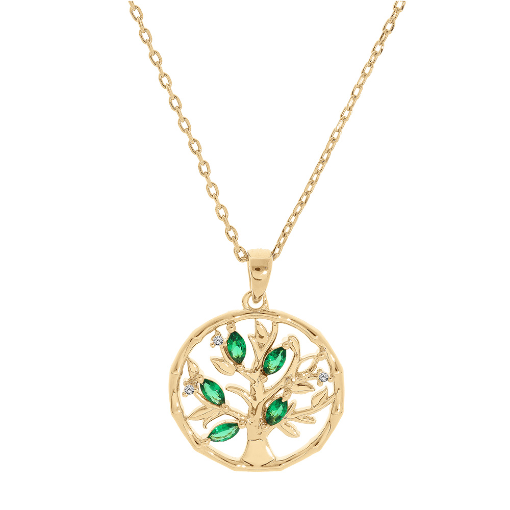 Collier en plaqu� or cha�ne avec pendentif arbre de vie dans anneau et oxydes verts 40+4cm - Vue 2