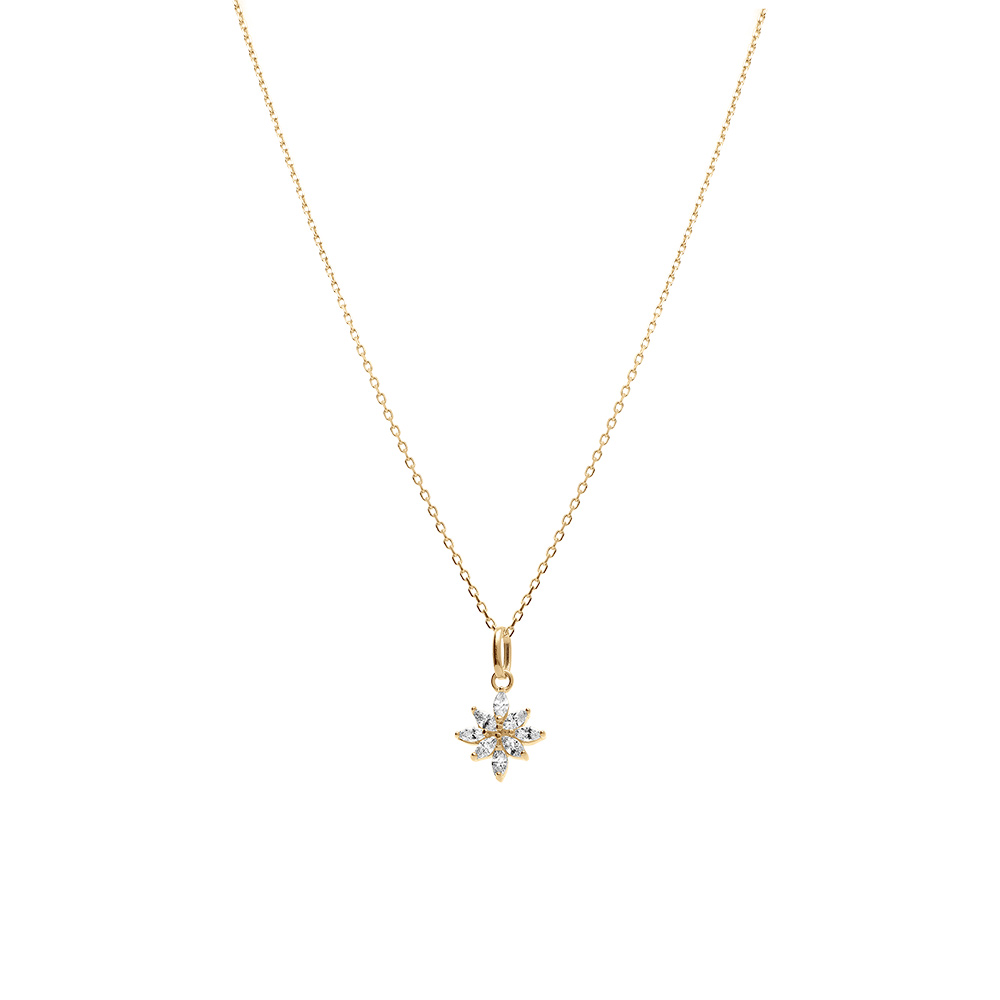 Collier en plaqu� or pendentif fleur orn�e d\'oxydes blancs - 38+4cm - Vue 2