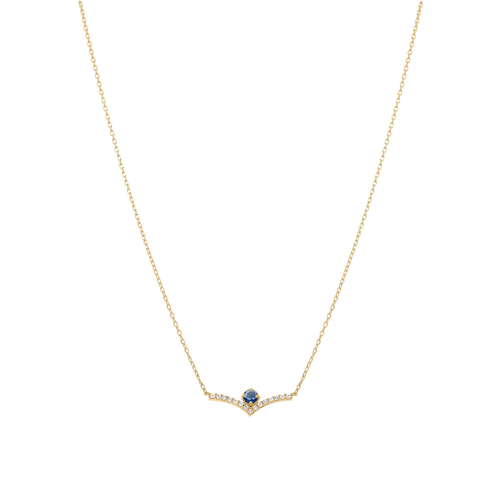 Collier en plaqu� or fleur avec pierres centrale bleue et oxydes blancs sertis - 38+4cm - Vue 2