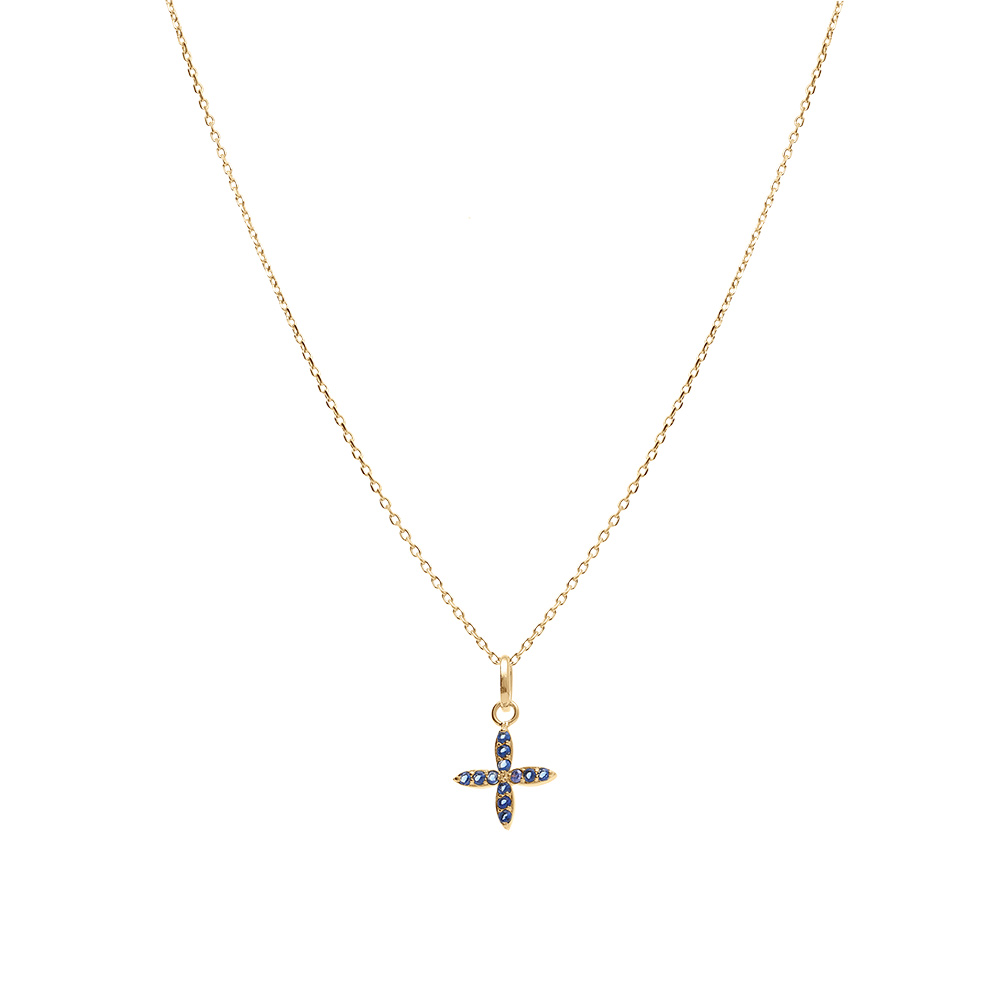 Collier en plaqu� or avec pendentif croix orn�e d\'oxydes bleus - 38+4cm - Vue 2