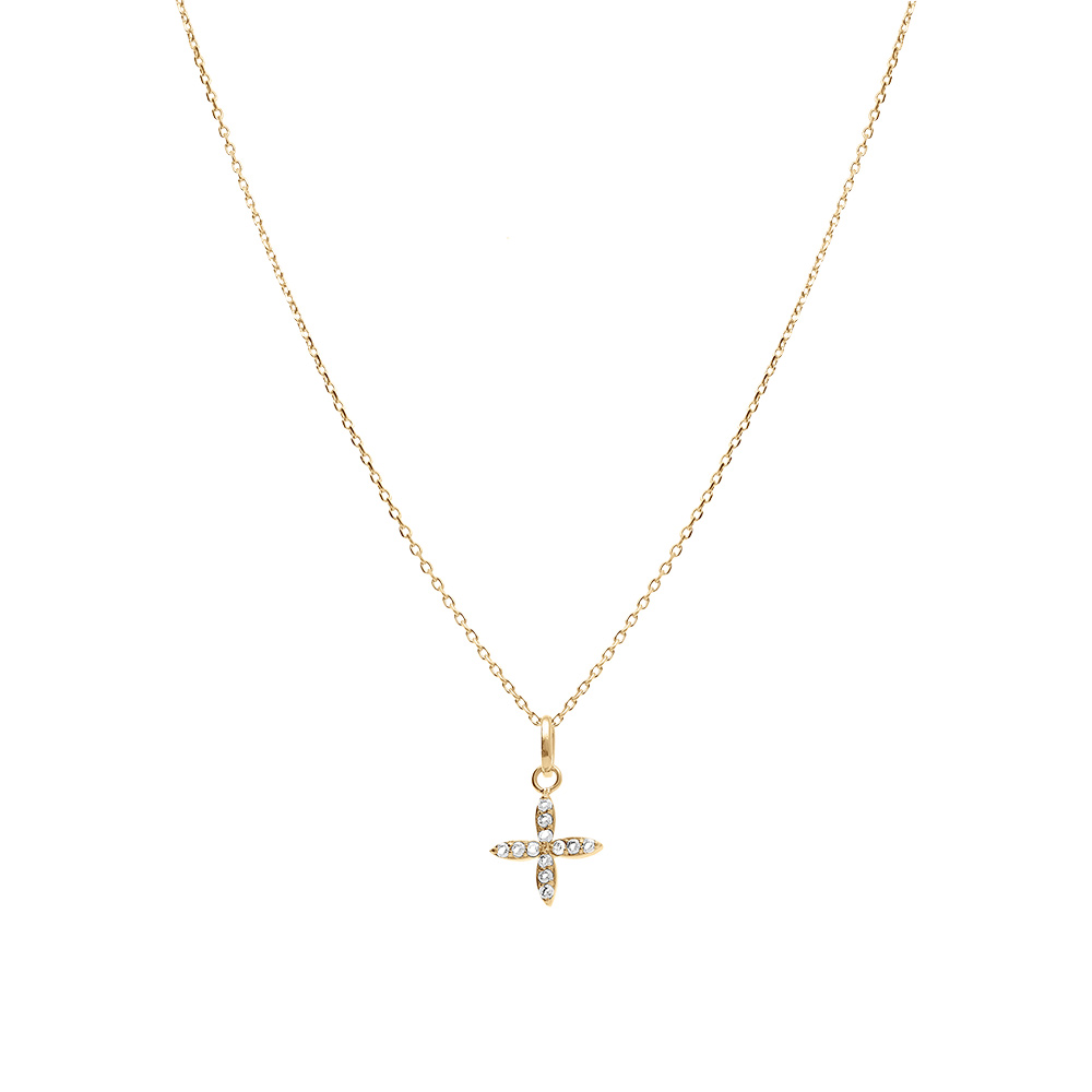 Collier en plaqu� or avec pendentif croix orn�e d\'oxydes blancs - 38+4cm - Vue 2