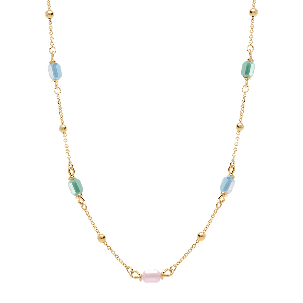 Collier en plaqu� or quatre pierres cylindriques bleue  rose blanche - 16+3cm - Vue 2