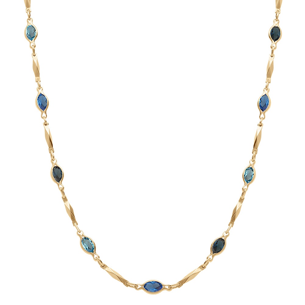 Collier en plaqu� or tutti frutti navettes d\'oxydes d�grad� de bleu et baguettes - 40+7cm - Vue 2