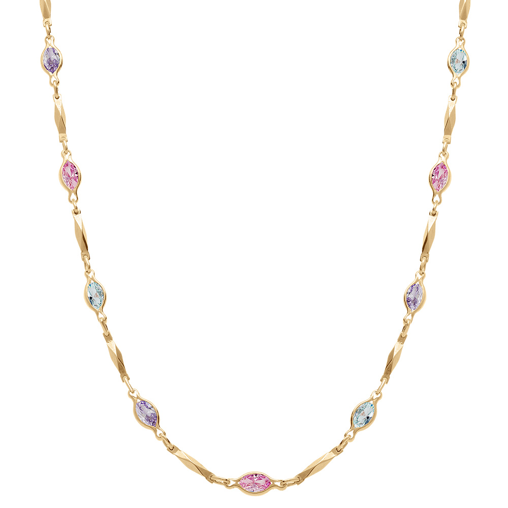 Collier en plaqu� or tutti frutti navettes d\'oxydes d�grad� de rose et bleu et baguettes - 40+7cm - Vue 2
