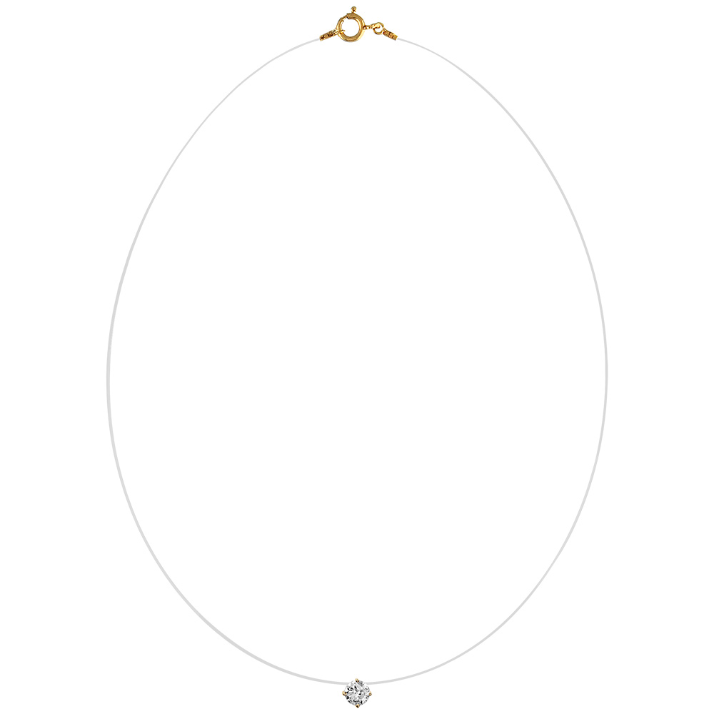 Collier en plaqu� or fil en nylon avec pendentif oxyde blanc solitaire de 5mm - longueur 42cm - Vue 2