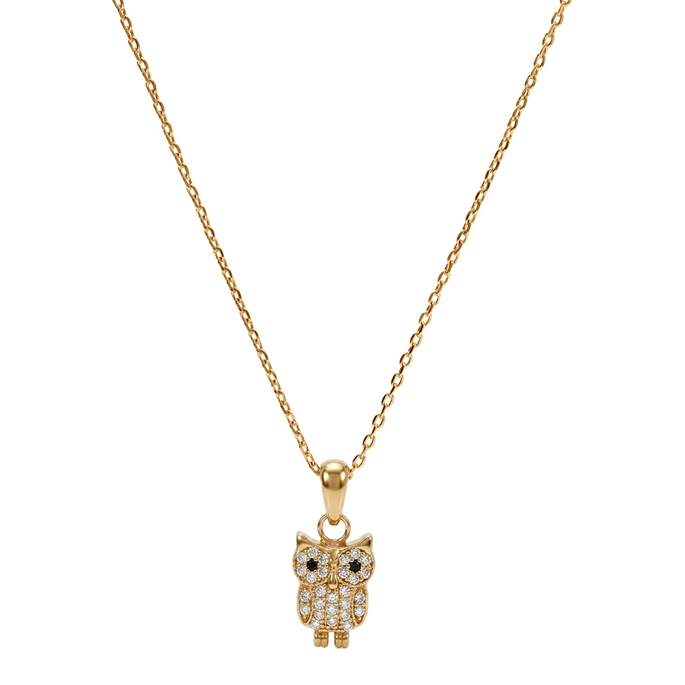 Collier en plaqu� or pendentif hibou - chouette oxydes blancs sertis 42+3cm - Vue 2