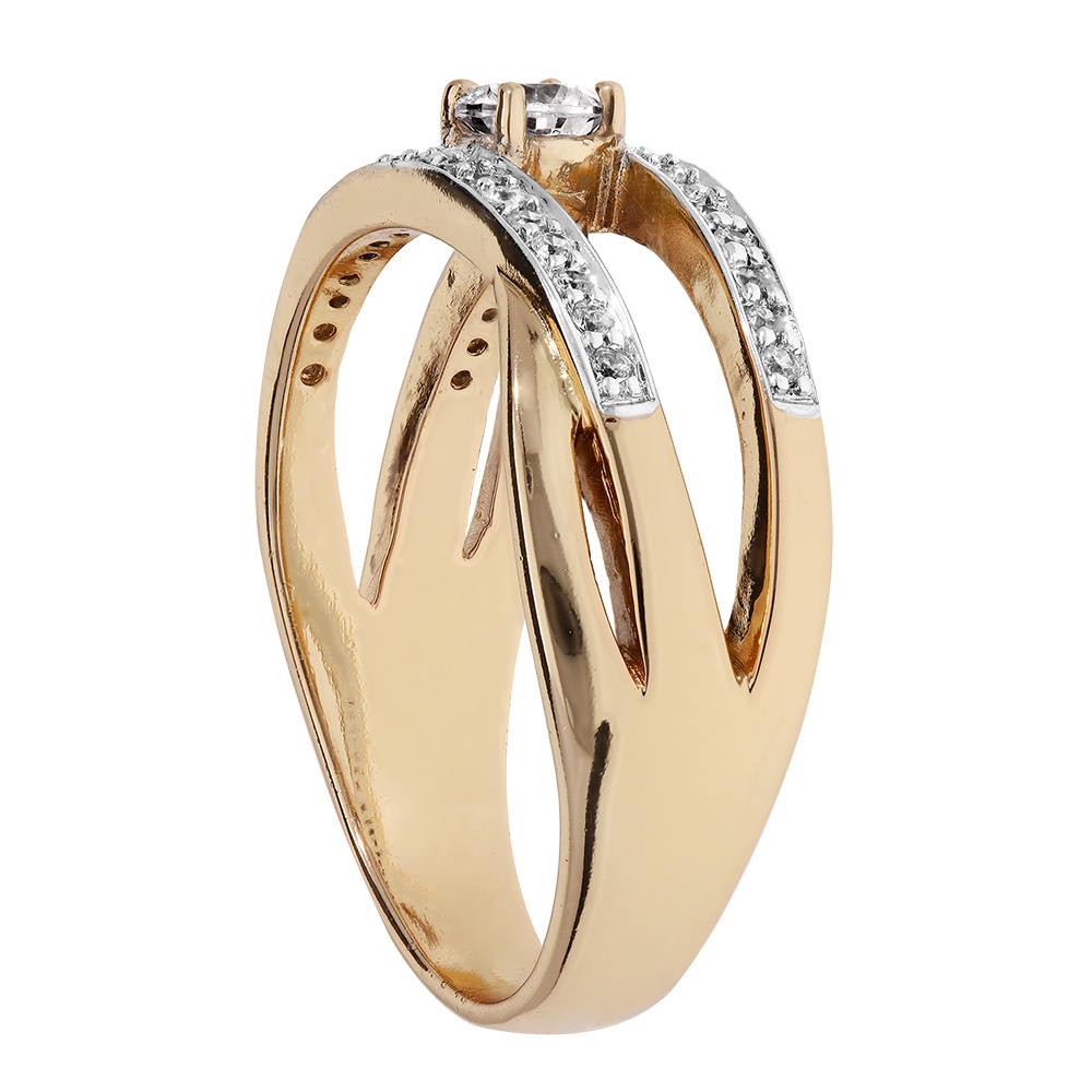 Bague en plaqu� or grande taille oxyde blanc central et 2 rangs oxydes blancs sertis - Vue 2