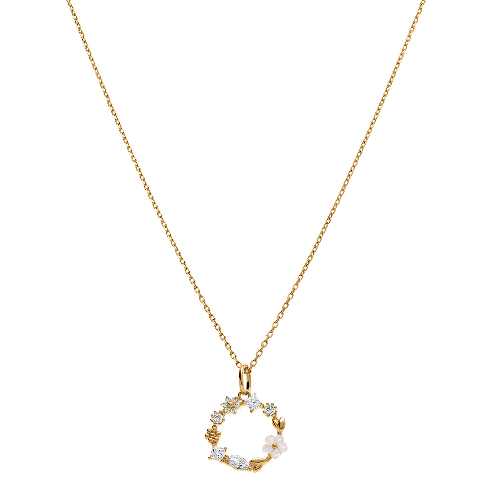 Pendentif en plaqu� or jardin fleuri d\'oxydes blancs et sa fleur de nacre blanche - Vue 2