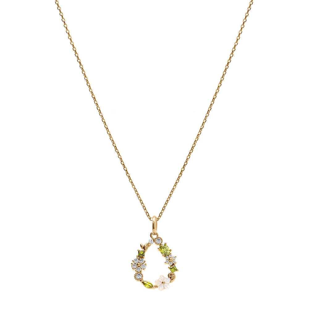 Pendentif en plaqu� or goutte jardin fleuri d\'oxydes blanc et vert olive avec sa fleur de nacre blanche - Vue 2