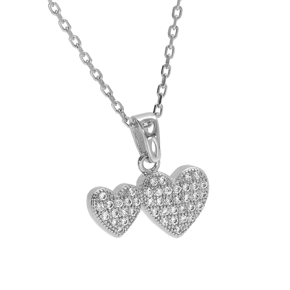 Collier en argent rhodi� cha�ne avec pendentif double coeur oxydes blancs sertis 40+5cm, b�li�re coeur - Vue 3