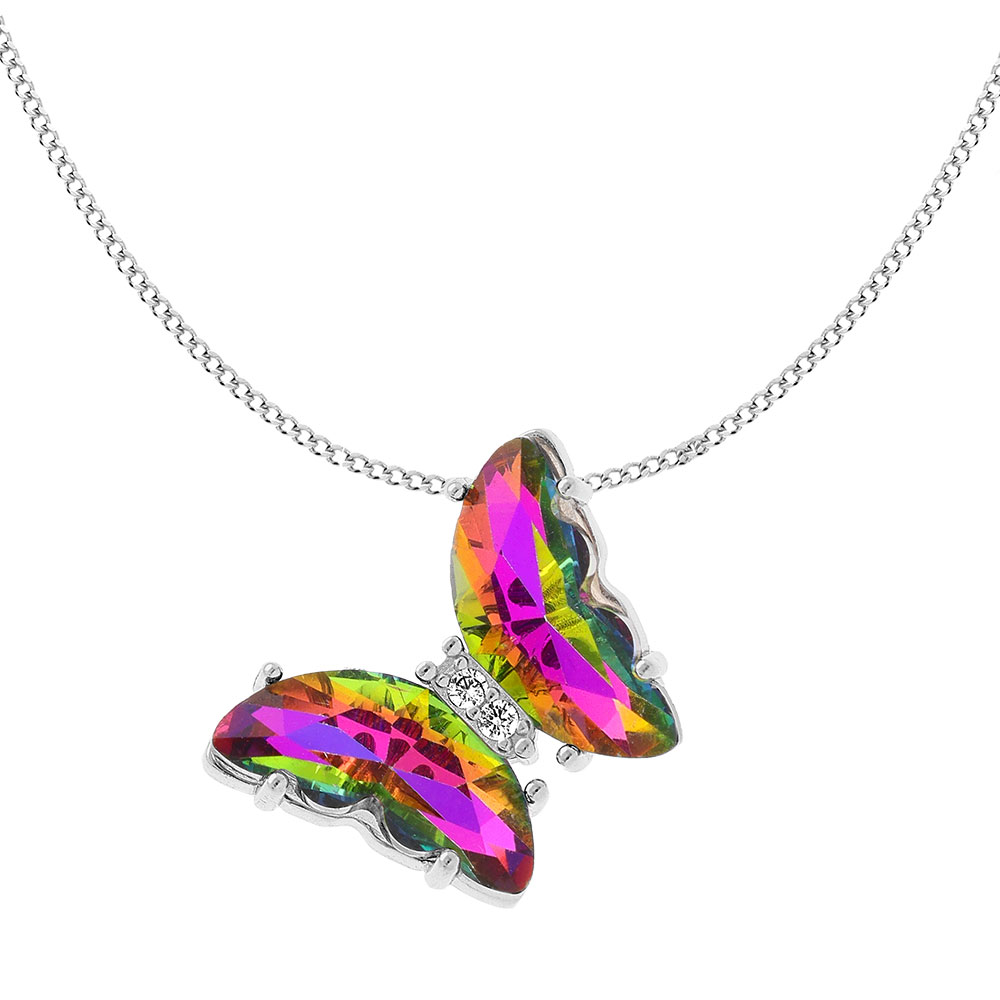 Collier en argent rhodi� papillon verre 42x30mm multi couleur et orn� d\'oxydes blancss sertis - 42+3cm - Vue 3