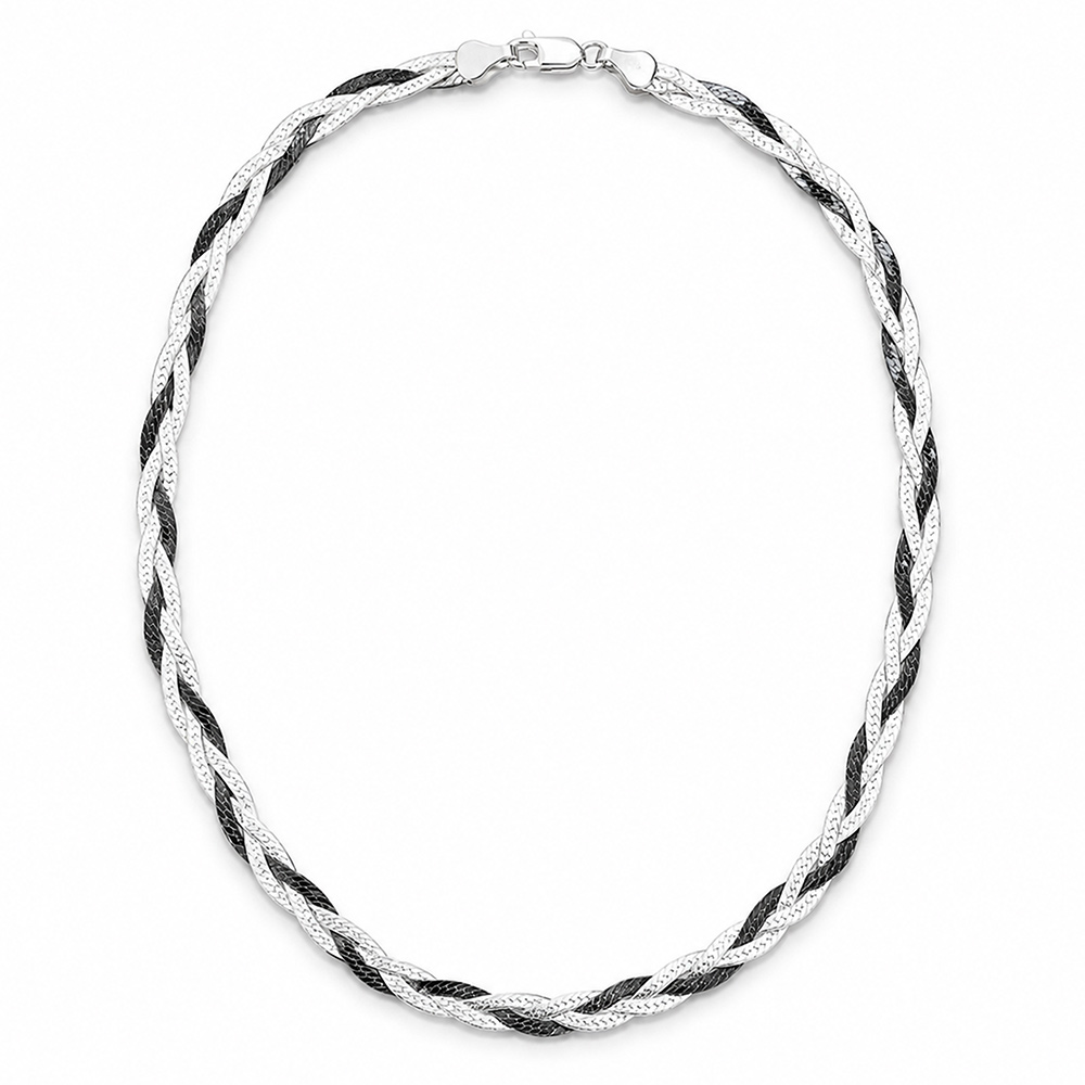 Collier en argent rhodi� 3 cha�nes mailles plates tress�es, dont 1 rhodi�e noir - longueur 42cm - Vue 3