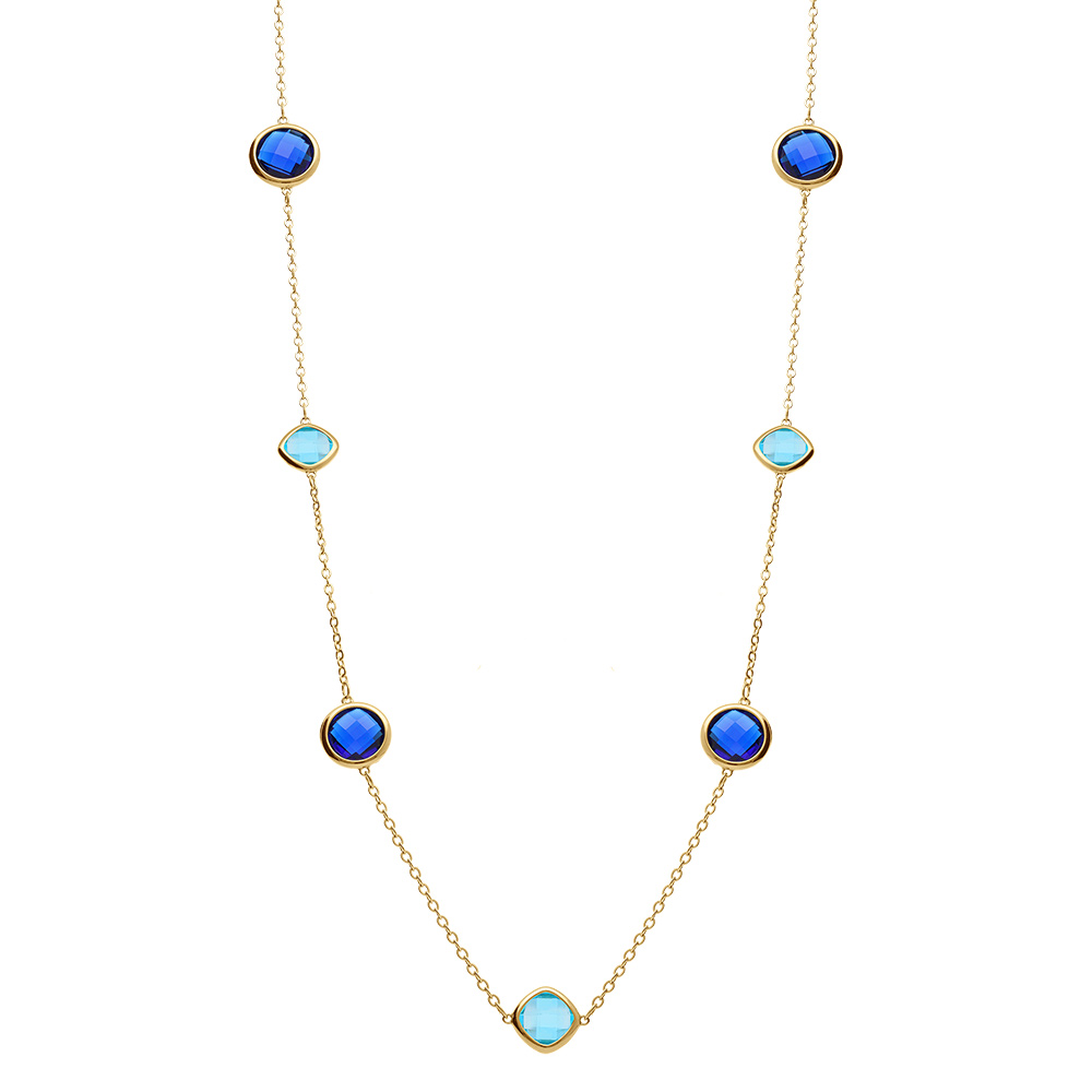 Collier en acier dor� sautoir d\'oxydes carr�s bleu ciel et bleu fonc� - Vue 3
