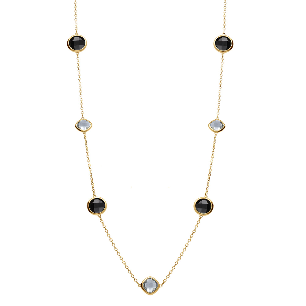 Collier en acier dor� sautoir d\'oxydes carr�s noirs et gris - Vue 3