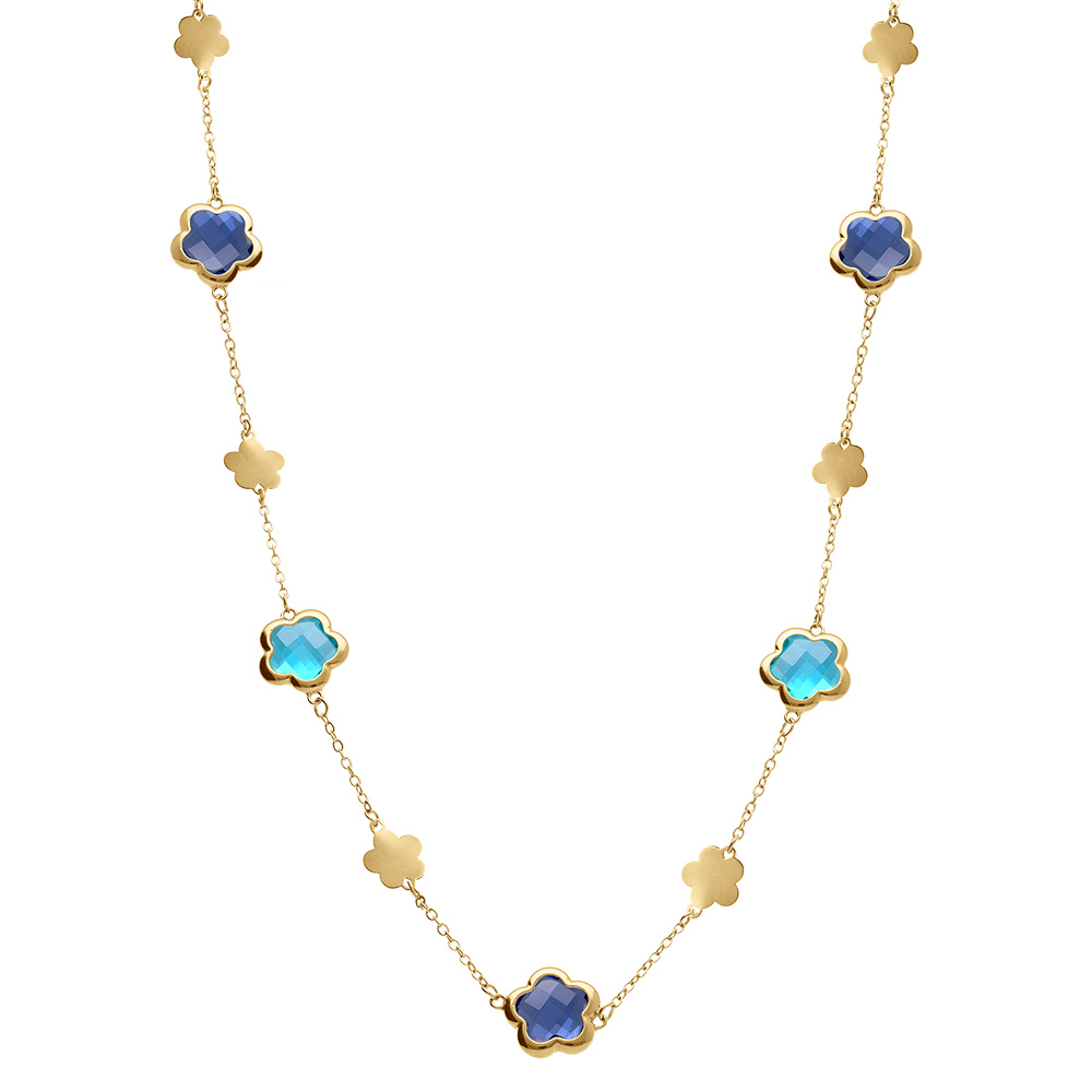 Collier en acier dor� sautoir pastilles fleur et oxydes forme fleur bleu clair - Vue 3