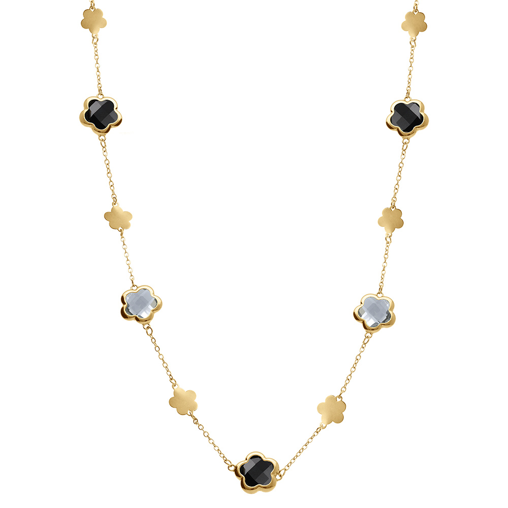 Collier acier dor� sautoir pastilles fleur et oxydes forme fleur noirs et blancs - Vue 3