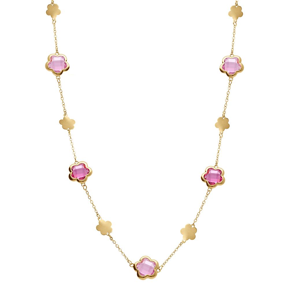 Collier en acier dor� sautoir pastilles fleur et oxydes forme fleur rose clair - Vue 3