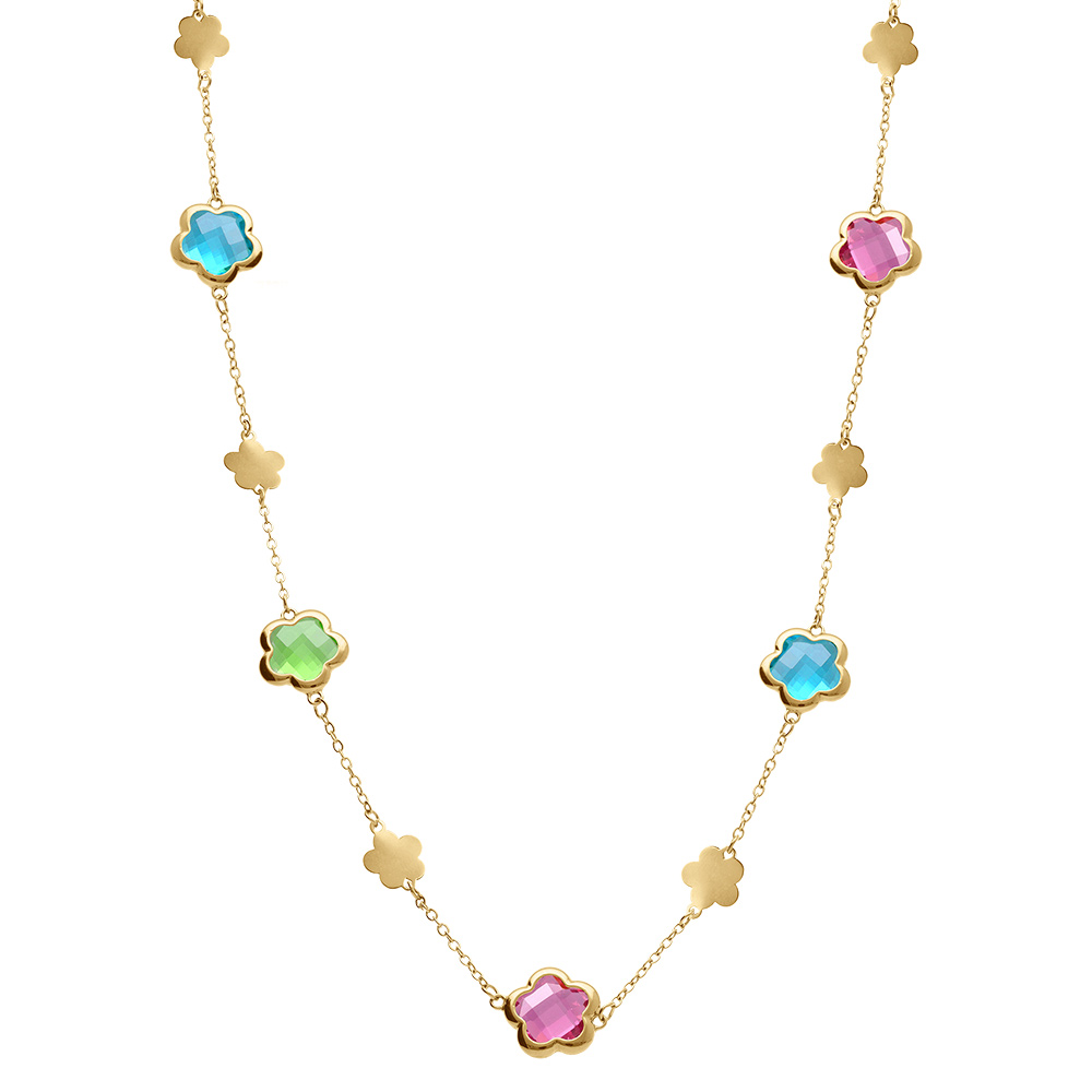 Collier en acier dor� sautoir pastilles fleur et oxydes forme fleur multi couleur - Vue 3