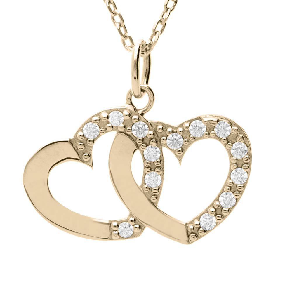 Collier en vermeil double coeur � graver avec oxydes blancs sertis - 42+3cm - Vue 3