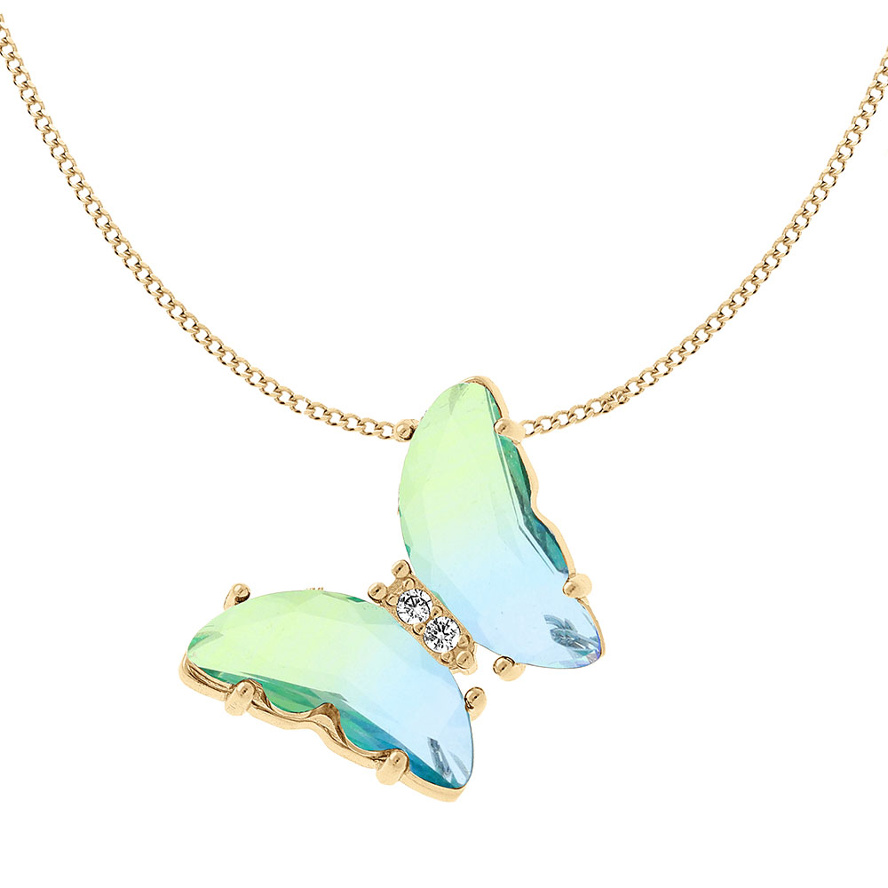 Collier en vermeil papillon 20x15mm verre d�grad� bleu vert et orn� d\'oxydes blancs sertis - 42+3cm - Vue 3