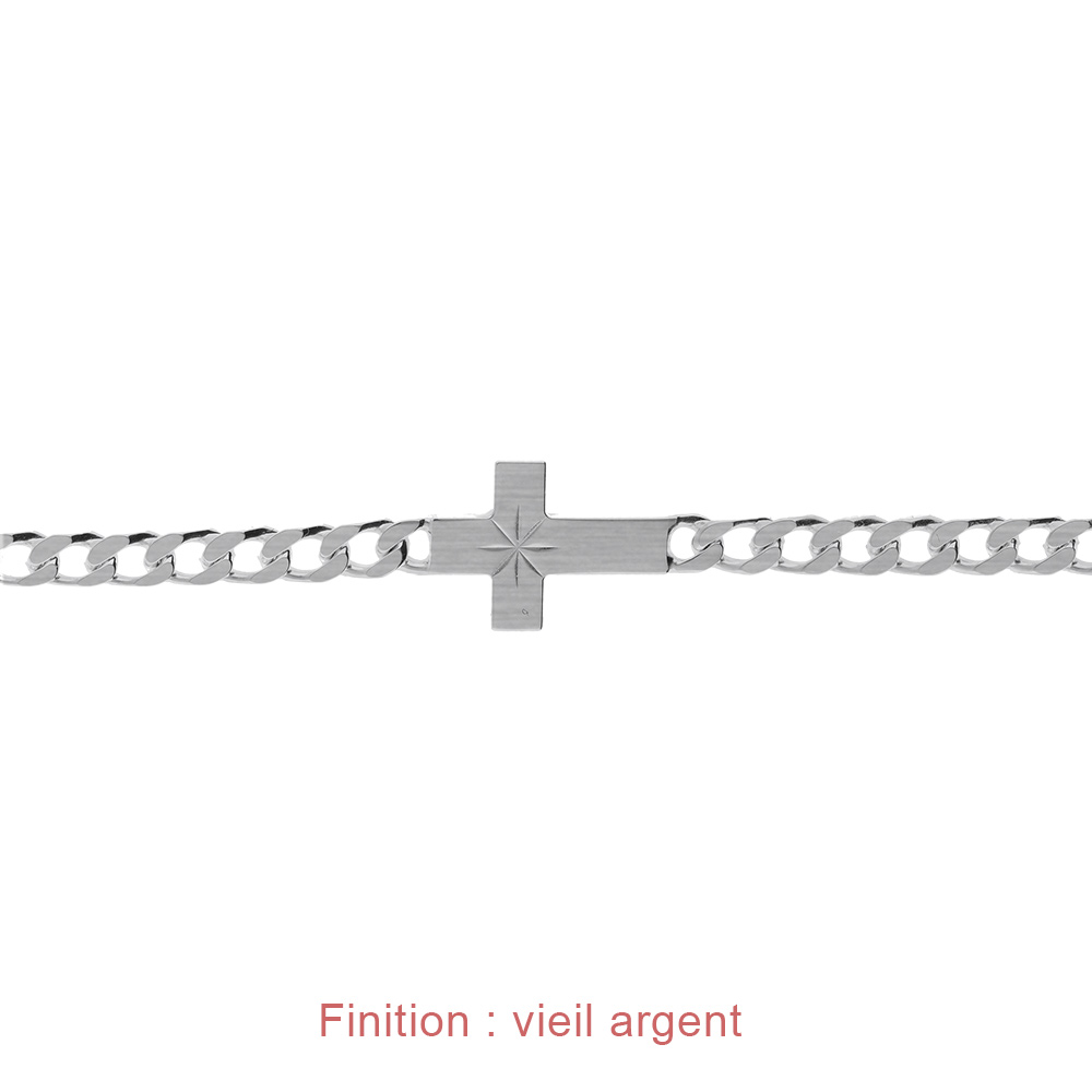 Bracelet en argent passiv� maille gourmette 4mm croix plate lisse diamant�e etoil�e -  18cm - Vue 4