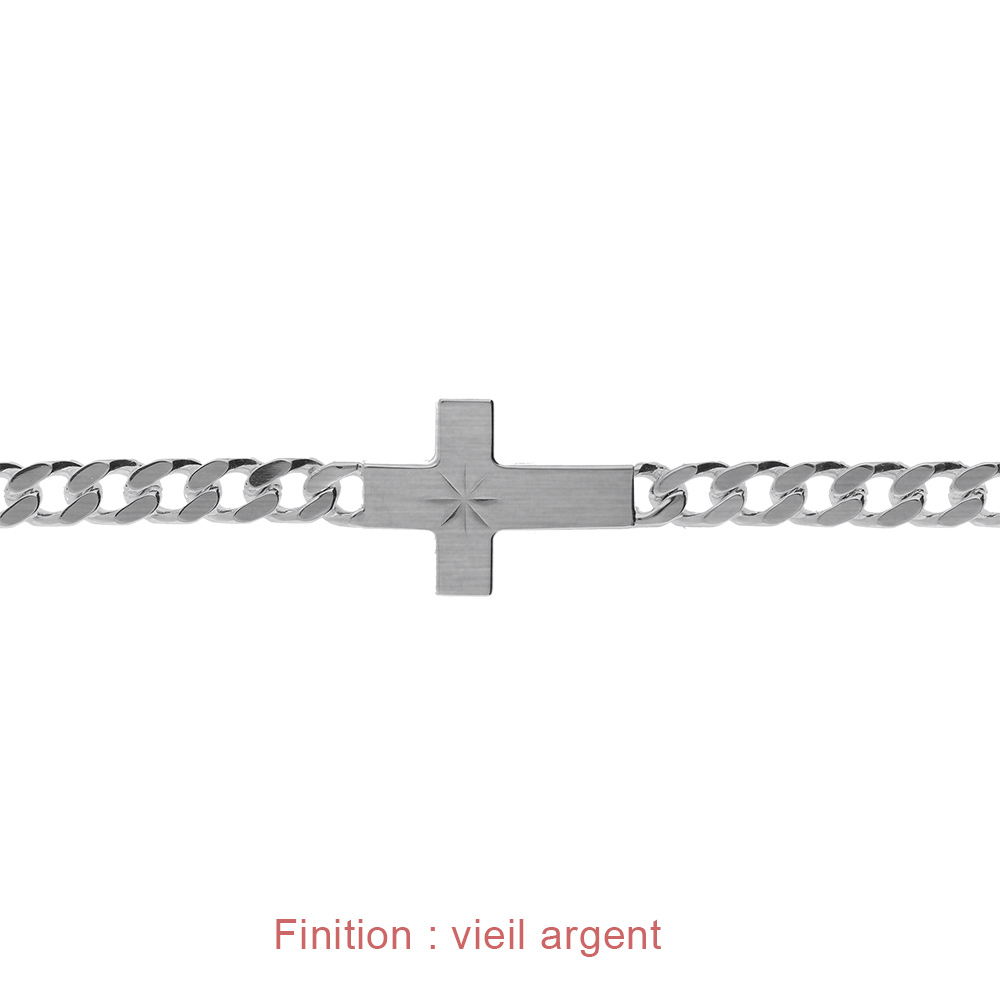 Bracelet en argent passiv� maille gourmette 5mm croix plate lisse diamant�e etoil�e - 19cm - Vue 4