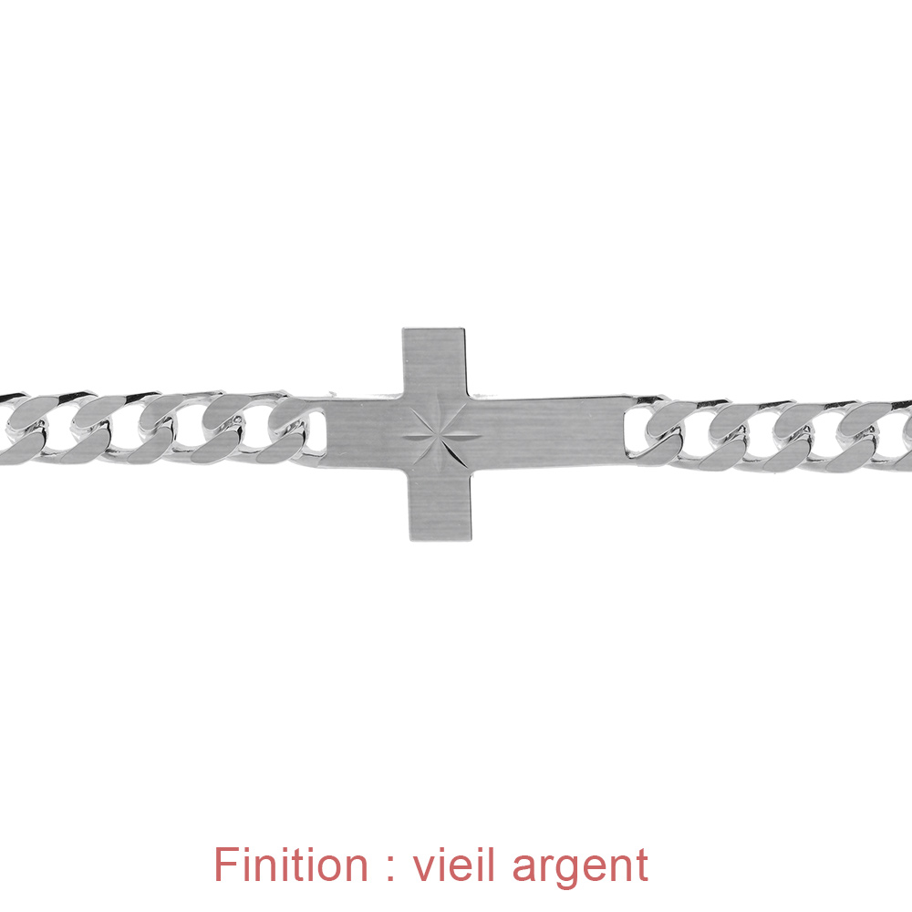 Bracelet en argent passiv� maille gourmette 6mm croix plate lisse diamant�e etoil�e  -  20cm - Vue 4
