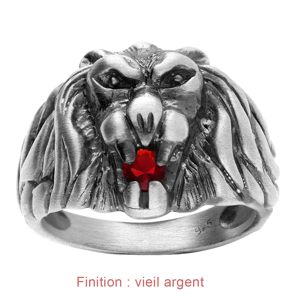 Chevali�re lion en argent gros mod�le avec oxyde rouge entre les dents - Vue 4