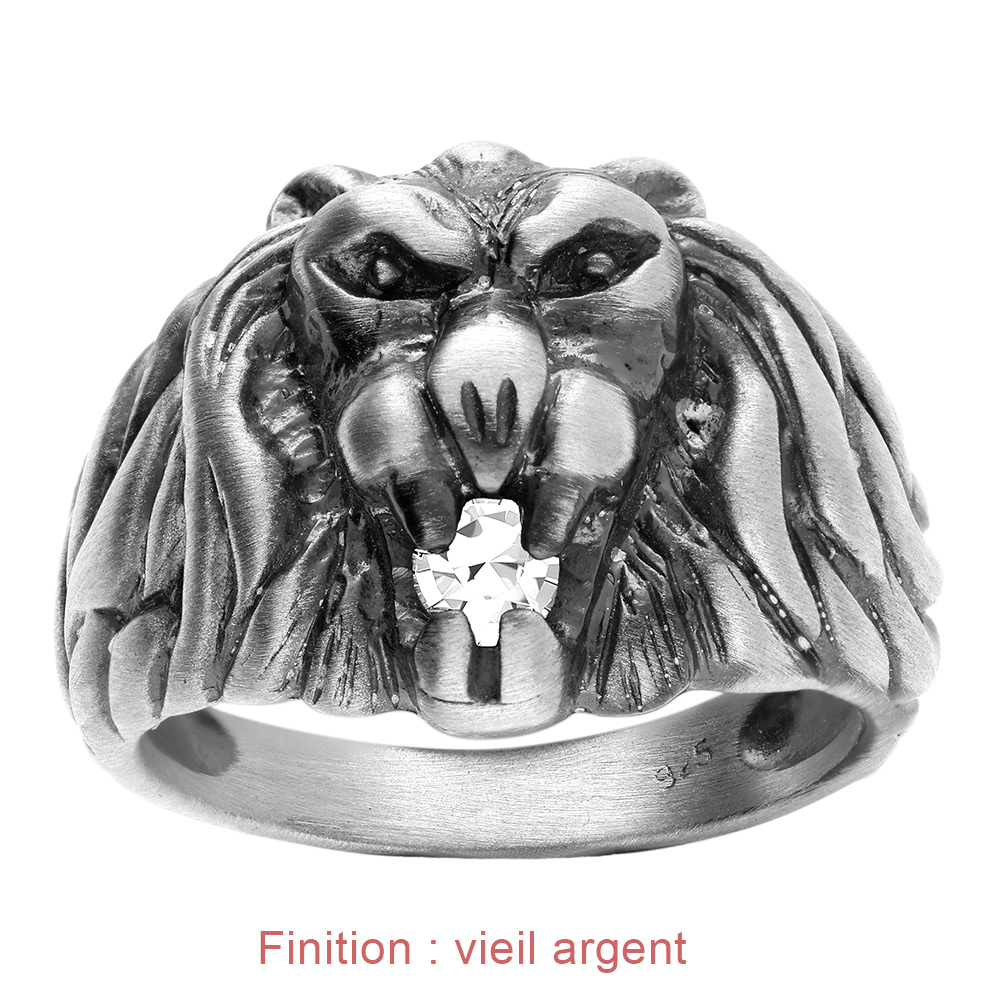 Chevali�re lion en argent gros mod�le avec oxyde blanc entre les dents - Vue 4