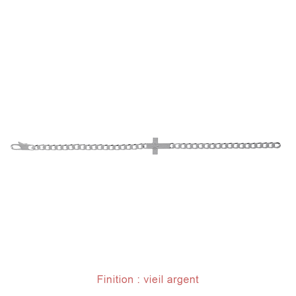 Bracelet en argent passiv� maille gourmette 4mm croix plate lisse diamant�e etoil�e -  18cm - Vue 5