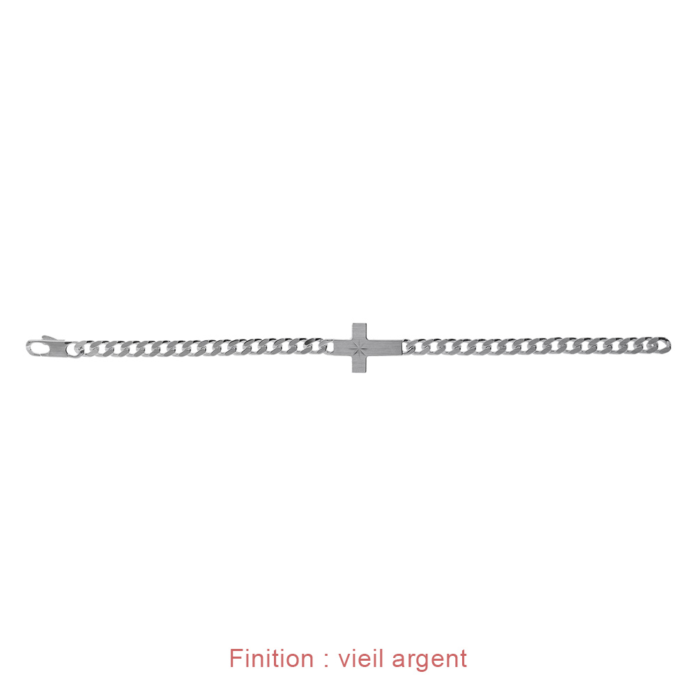Bracelet en argent passiv� maille gourmette 5mm croix plate lisse diamant�e etoil�e - 19cm - Vue 5