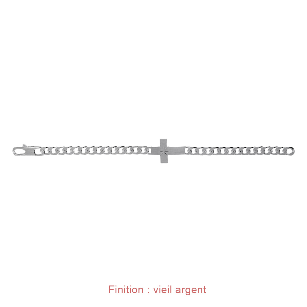 Bracelet en argent passiv� maille gourmette 6mm croix plate lisse diamant�e etoil�e  -  20cm - Vue 5