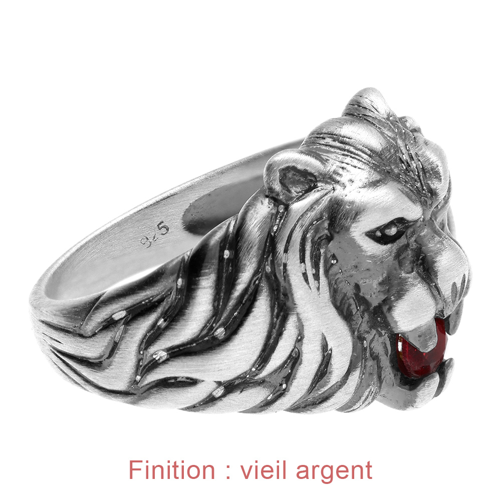 Chevali�re lion en argent gros mod�le avec oxyde rouge entre les dents - Vue 5